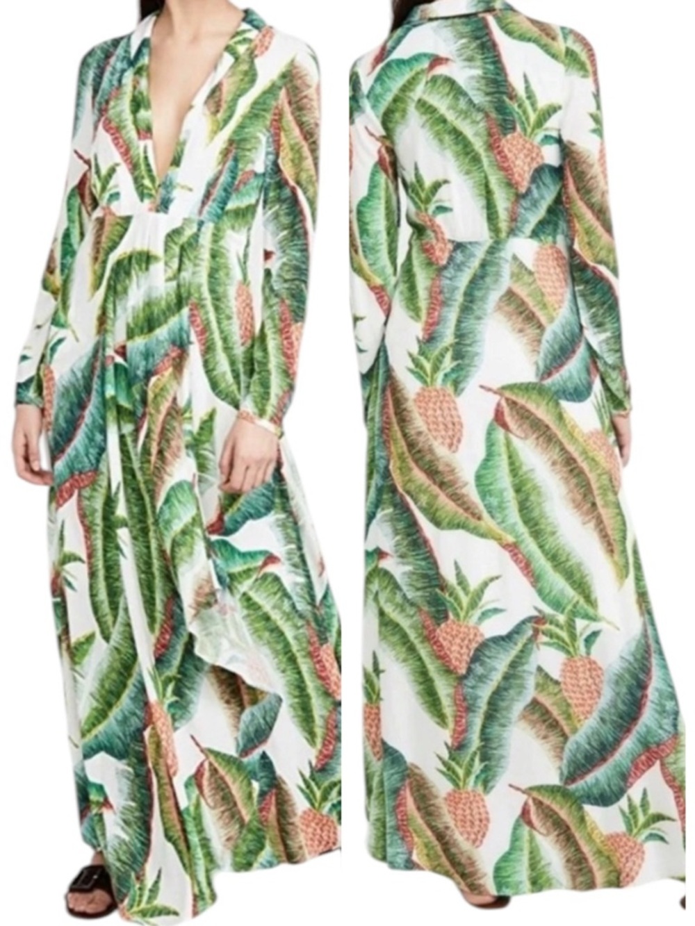 Farm Rio Forest Palm Long Sleeve Plunging Neckline Maxi Dress Small New with Tag